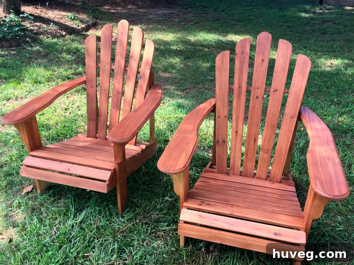 Newly stained Adirondack chairs in Acorn Brown