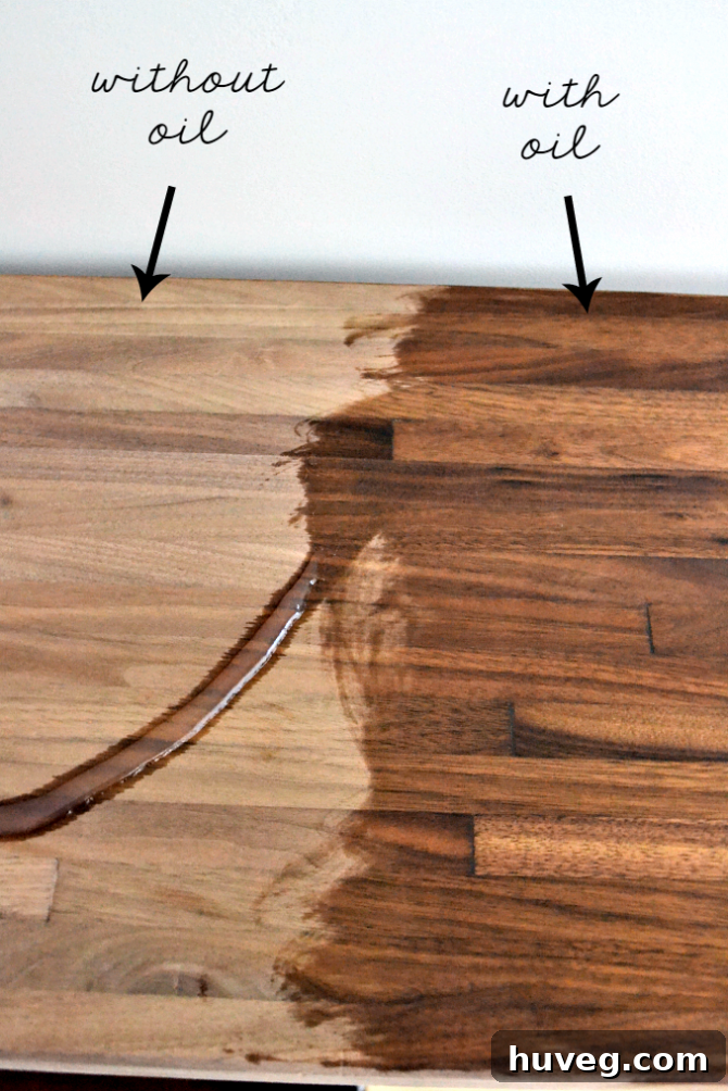 Striking side-by-side comparison illustrating the dramatic difference between unoiled and perfectly oiled walnut butcher block.