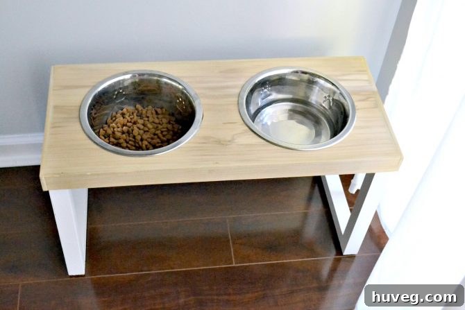 The front view of my DIY no slip dog feeder with wooden top and white legs. 