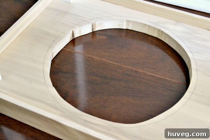 Cut a circular hole in the wood for your dog bowl. It doesn’t need to be perfect. 