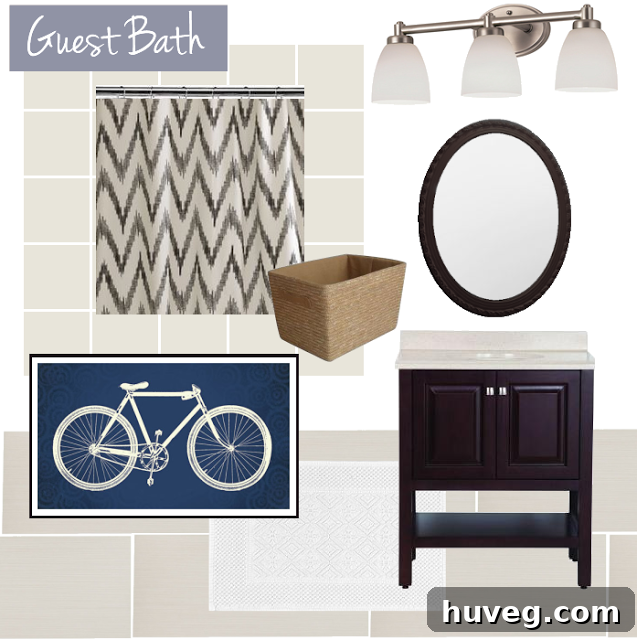Guest bathroom mood board displaying a minimalist, not-so-feminine design with modern elements.