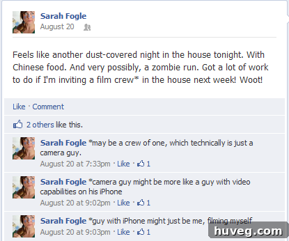 Screenshot of a humorous Facebook post about a large film crew unexpectedly visiting the author's house, adding a touch of personal storytelling.