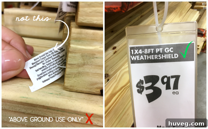Label Detail: Above Ground Use vs. Pressure Treated Ground Contact (PT GC) Lumber
