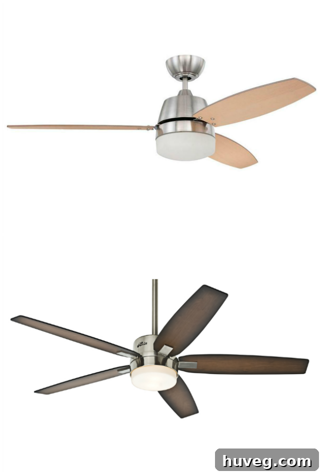 Two contemporary ceiling fan options for a bedroom, balancing style and function.