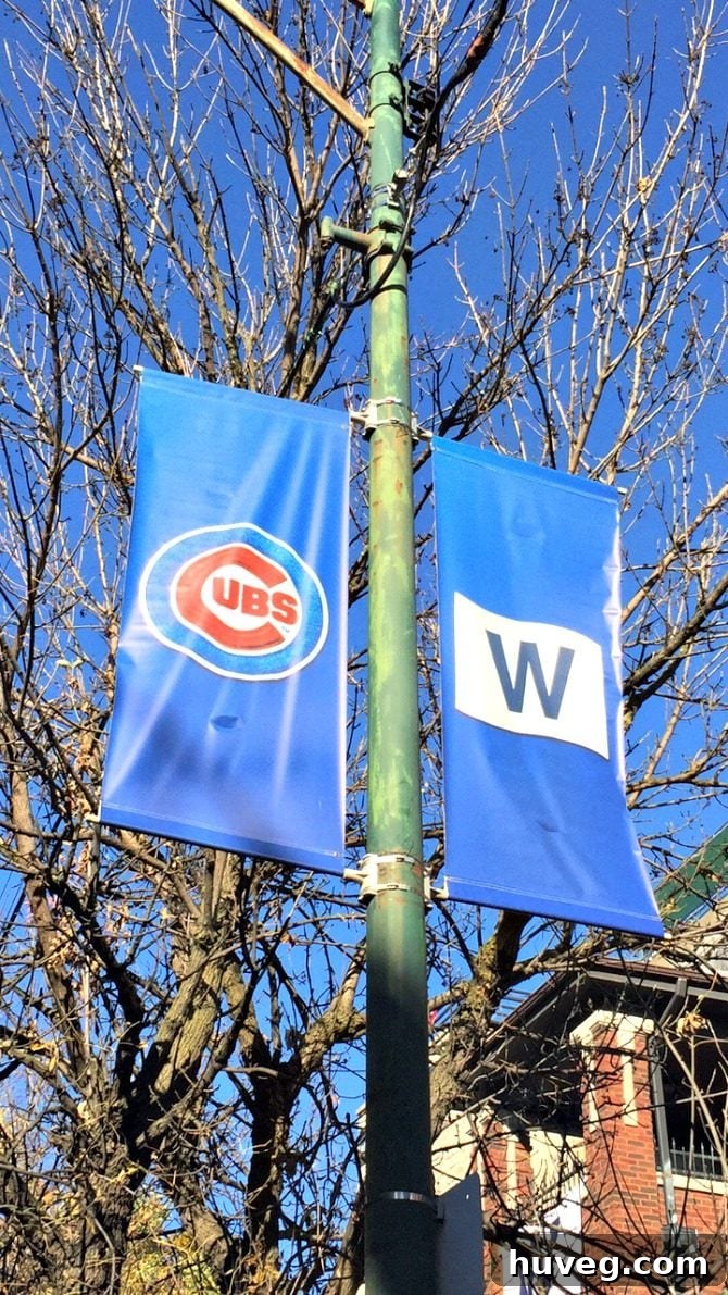 Large 'W' flag signifying Chicago Cubs victory