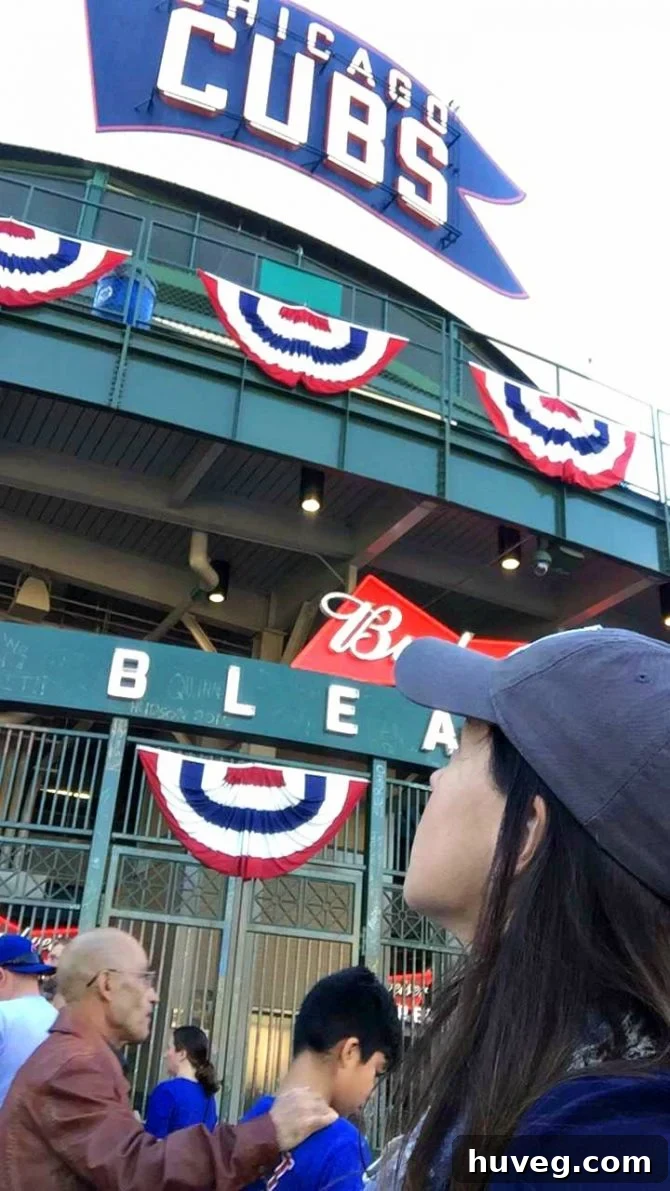 Looking up at the iconic Chicago Cubs sign