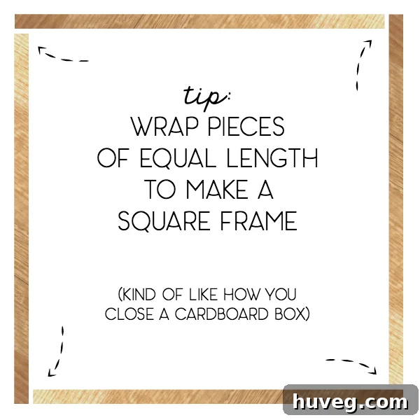 Diagram illustrating how to assemble a square frame using mitered paint sticks.