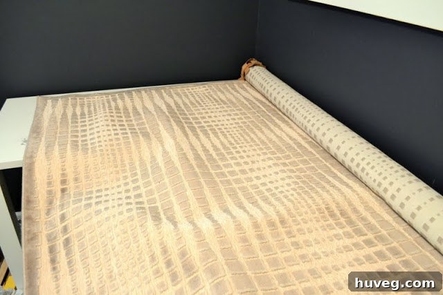Unrolled pixelated rug from Joss & Main, showcasing its modern design and neutral tones on a clean floor.
