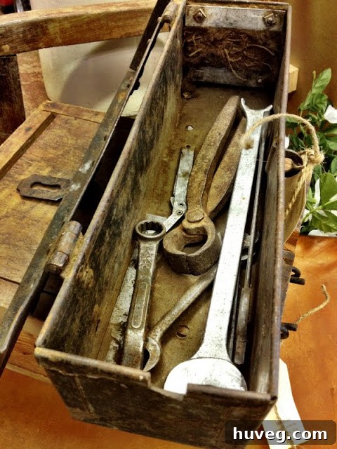 Another view of the rusty old tool box, emphasizing its texture