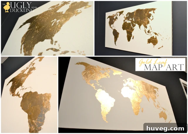 Stunning Gold Leaf World Map Art hanging in a home office