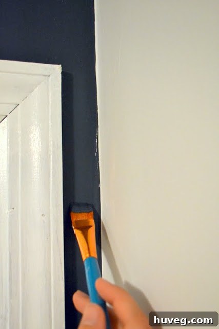 Close-up of a perfectly painted narrow corner after meticulous work