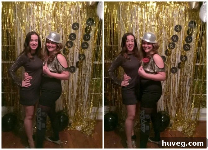 Friends enjoying the DIY New Year's Eve photo backdrop