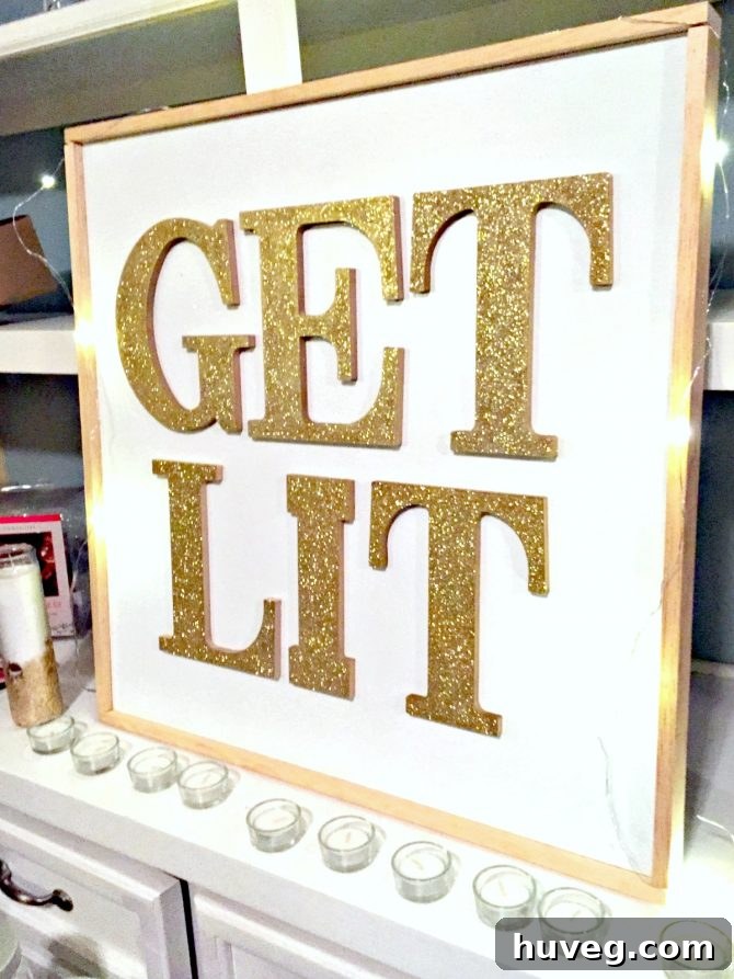 DIY 'Get Lit' sign with dewdrop lights for a New Year's Eve party