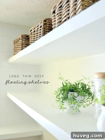 Step-by-step instructions for building thin and sturdy floating shelves, perfect for laundry room storage and display.