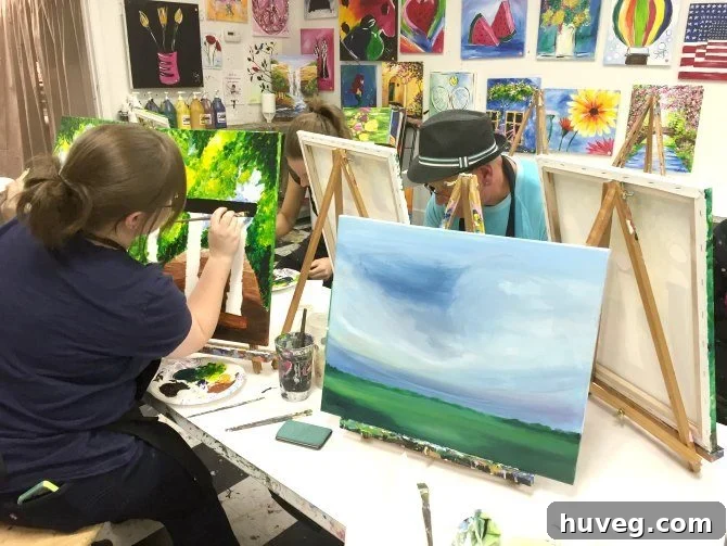 A finished abstract painting from a Girls Night Out class, resembling Emily Jeffords' landscape style