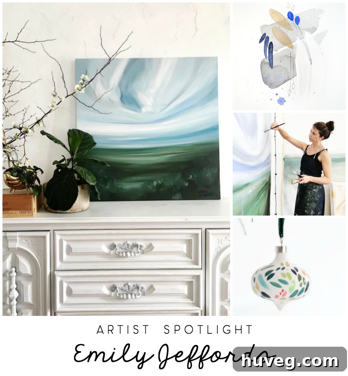 Artist spotlight showcasing serene and atmospheric paintings by Emily Jeffords, ideal for modern home decor