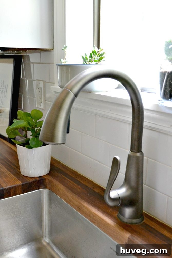 Close-up of kitchen sink and faucet, detailing maintenance tips and selection process for essential kitchen fixtures.