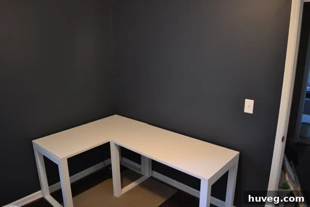 Two newly painted navy accent walls in the study-o, demonstrating excellent paint coverage