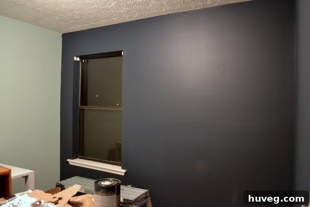 Close-up of the navy blue wall paint in the study-o