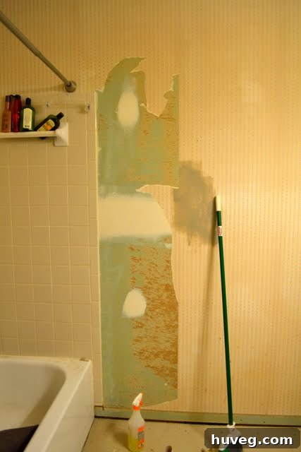 An unfinished, drab wall contrasting with the newly painted navy section