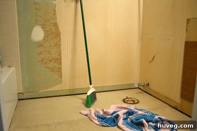 Guest bathroom completely gutted, with new cement board installed on the floor and walls.