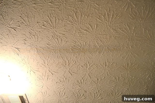 Section of ceiling primed to cover discoloration, showing wet primer marks