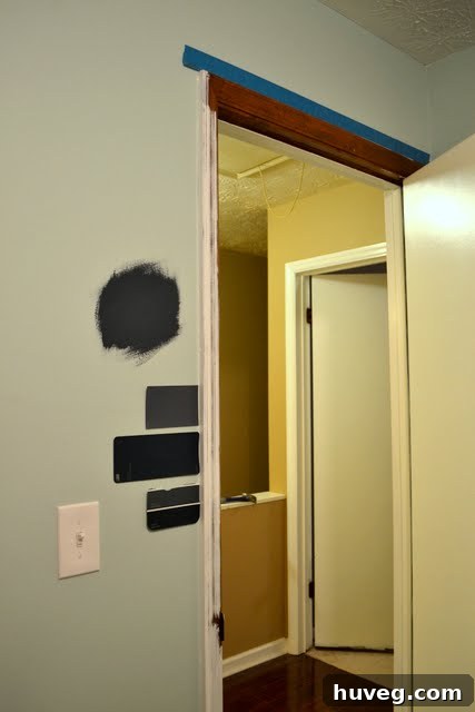 View into a hallway showing tan walls, imagining the future dark floor, navy walls, and white trim.