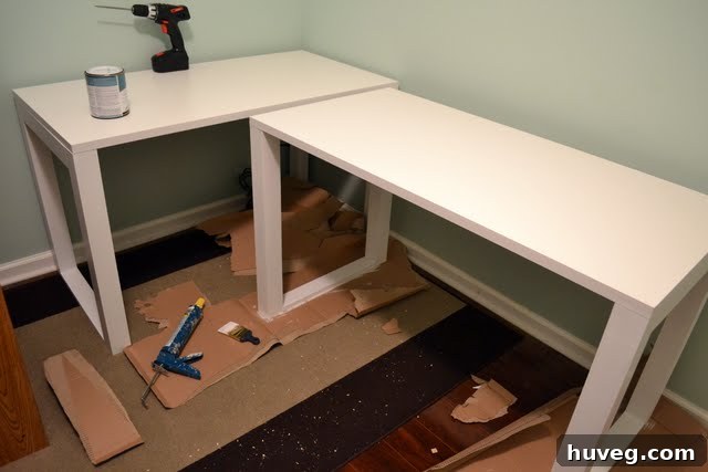 Second close-up view of the DIY desk project, emphasizing the nearly finished state and inviting viewers to anticipate the final reveal.