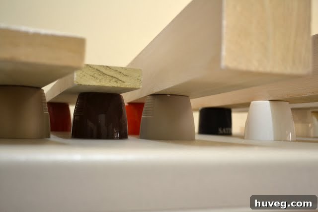 Primed wood pieces drying on an elevated surface for even coating