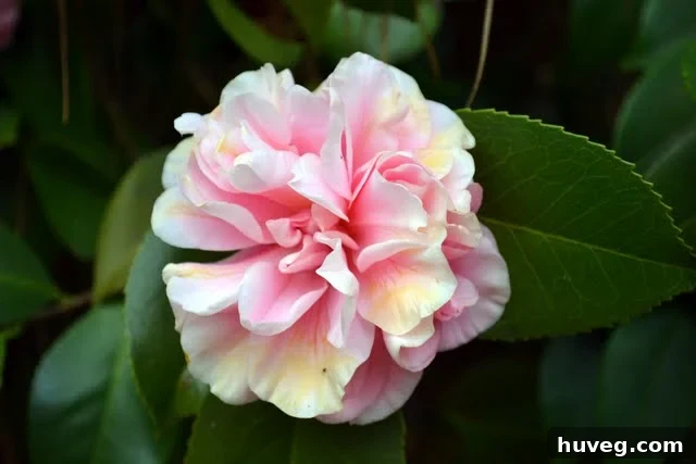 Close-up of newly bloomed camellia flowers in a delicate pink shade.