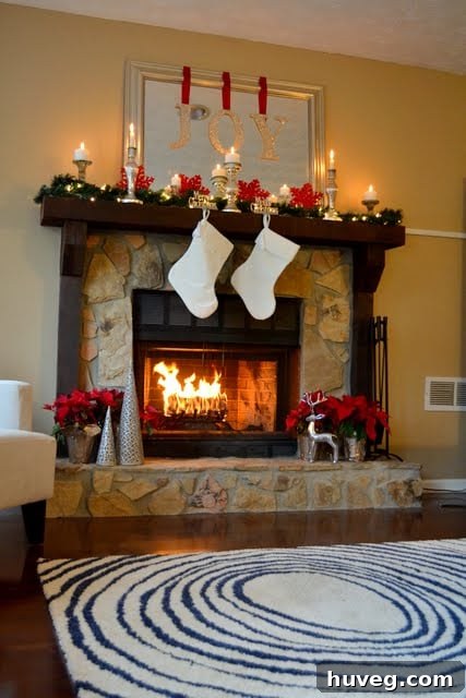 Close-up of Festive Christmas Mantel with Ornaments and Greenery