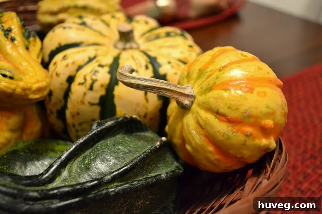 Assortment of small, colorful decorative gourds and squash