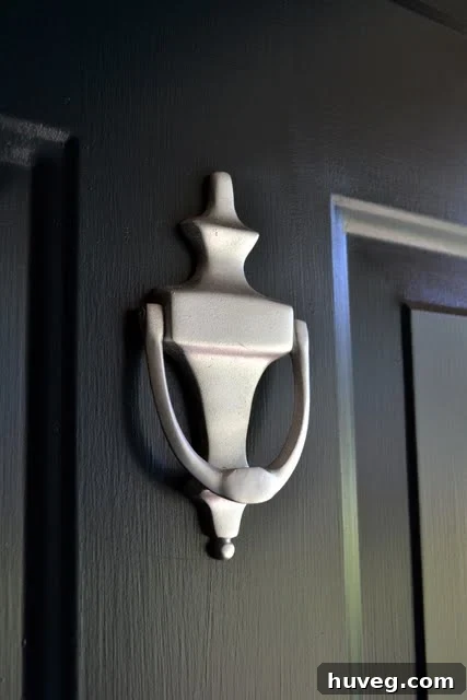 Newly painted door knocker gleaming on a front door, showcasing a successful DIY hardware refresh