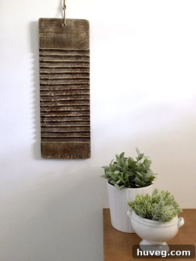 Antique washboard displayed as vintage home decor, adding rustic charm and historical character to a cozy interior space.