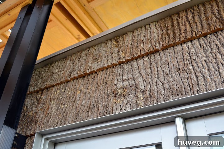 Close-up of innovative bark siding, an untreated green alternative for exterior finishes, showcasing sustainable architecture
