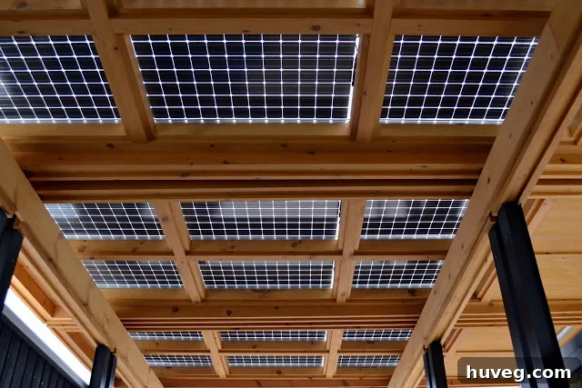 Innovative solar panels integrated into the roof, providing both energy and architectural cover
