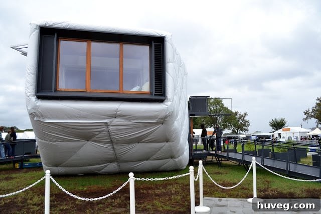 The unique 'Outsolation' house by SCI-Arc/Caltech, featuring a distinctive quilted exterior, displayed at the Solar Decathlon
