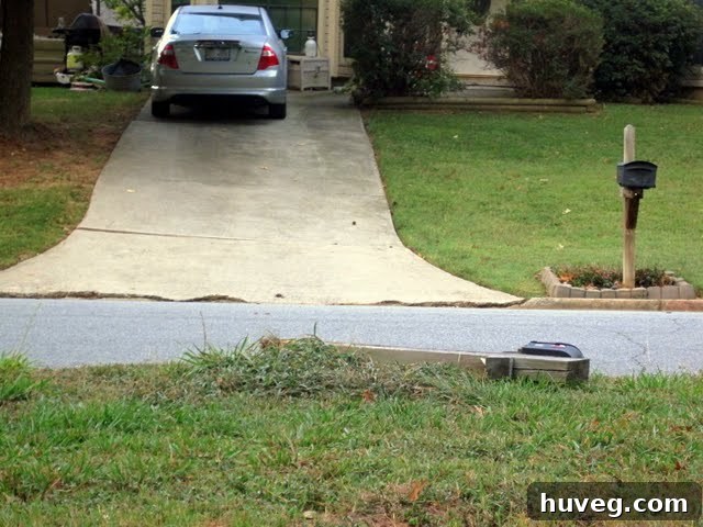 Close-up of the broken mailbox post on the ground.