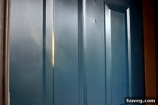 Close-up of new paint color on door showing texture and sheen