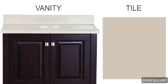 Visual comparison of a new vanity countertop sample with existing bone-colored tile
