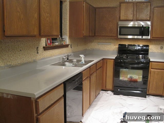 Freshly painted kitchen countertops with Rustoleum coating