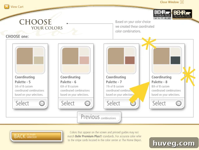 Screenshot of Behr ColorSmart online tool displaying color palette with Basketry, Rustic Cream, and the chosen accent, Dark as Night.