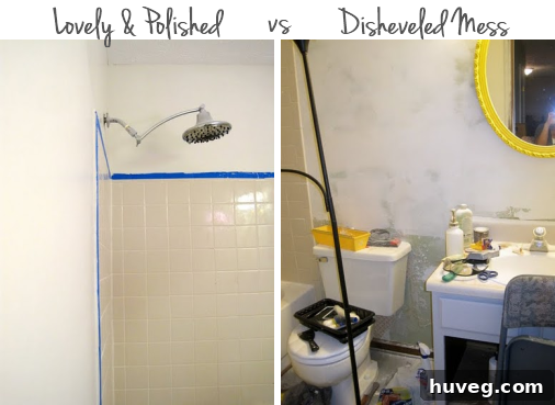 Side-by-side comparison illustrating a partially painted bathroom wall, highlighting the in-progress nature of the renovation.