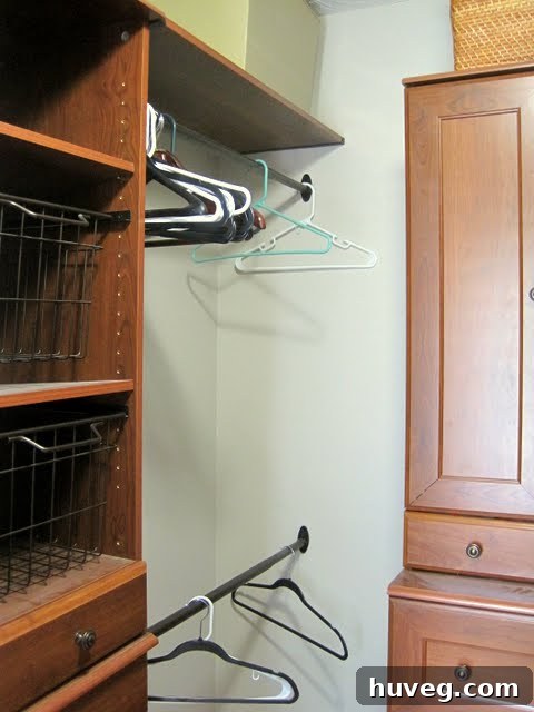 Another view of the messy, disorganized closet.