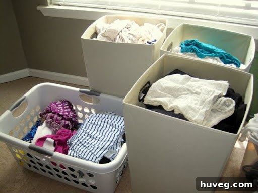 Neatly folded piles of laundry.