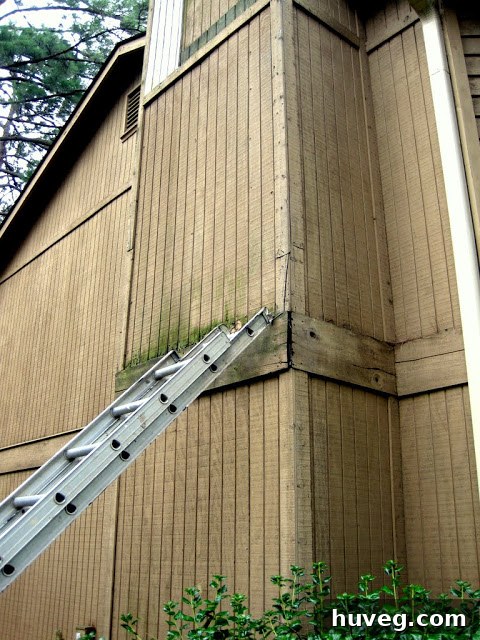 Close-up view of damaged exterior siding and trim around a chimney, showing signs of wear and tear, peeling paint, and potential water damage.
