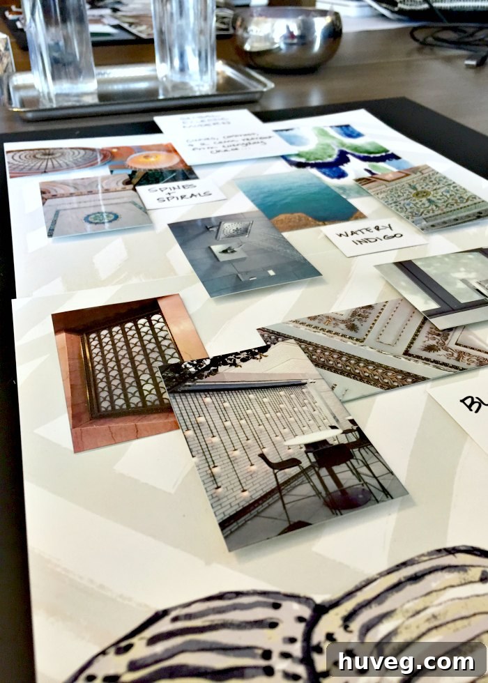 A personal bathroom moodboard featuring elements like watery blues, black and white patterns, and modern lines, created during a design challenge.