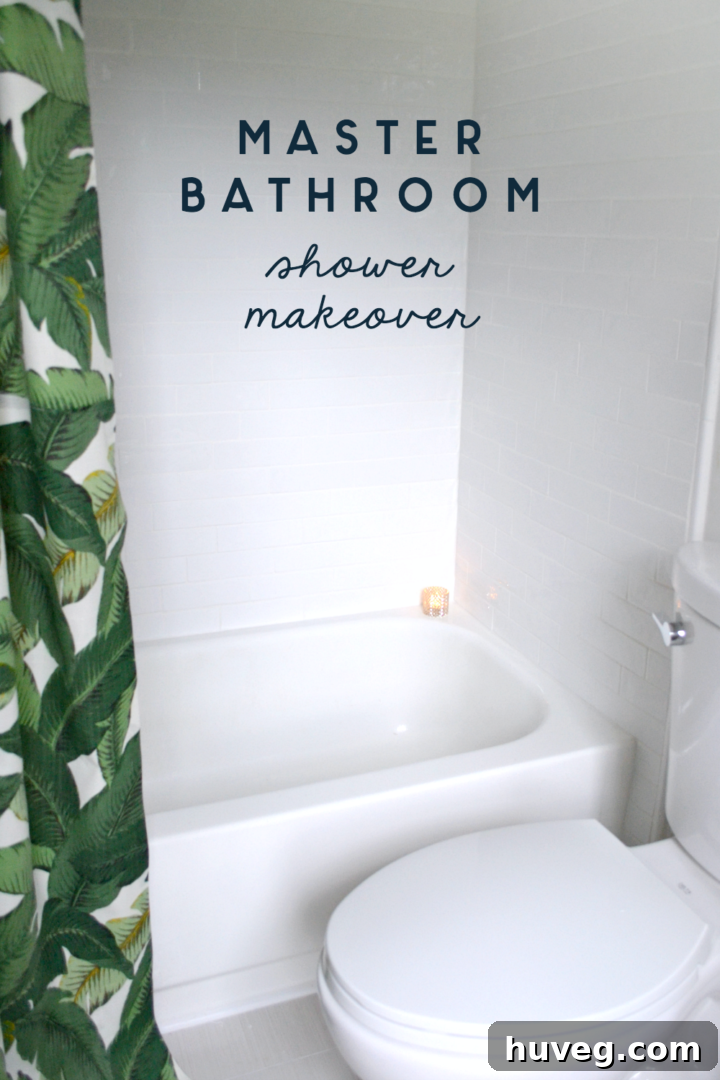 Stunning primary bathroom shower makeover featuring white handcrafted tile and modern design elements