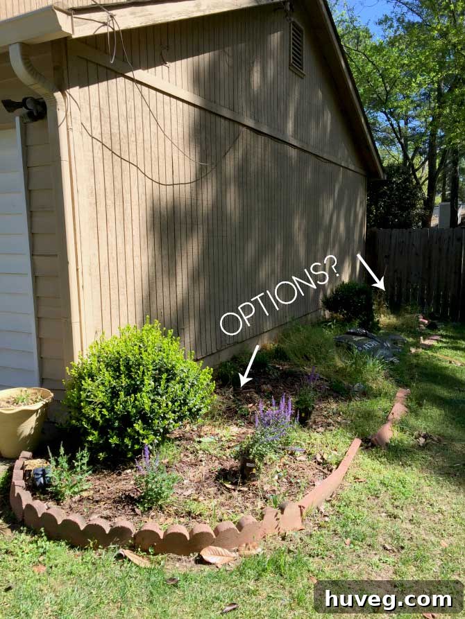 Garage side of the house, showing potential locations for trash bins