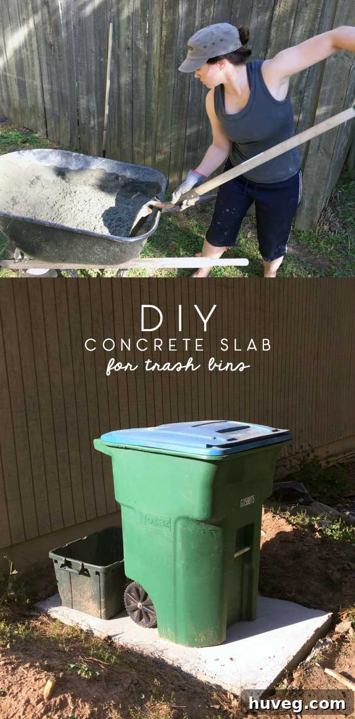 DIY concrete slab for trash bins: person mixing concrete with shovel, and finished slab with trash cans